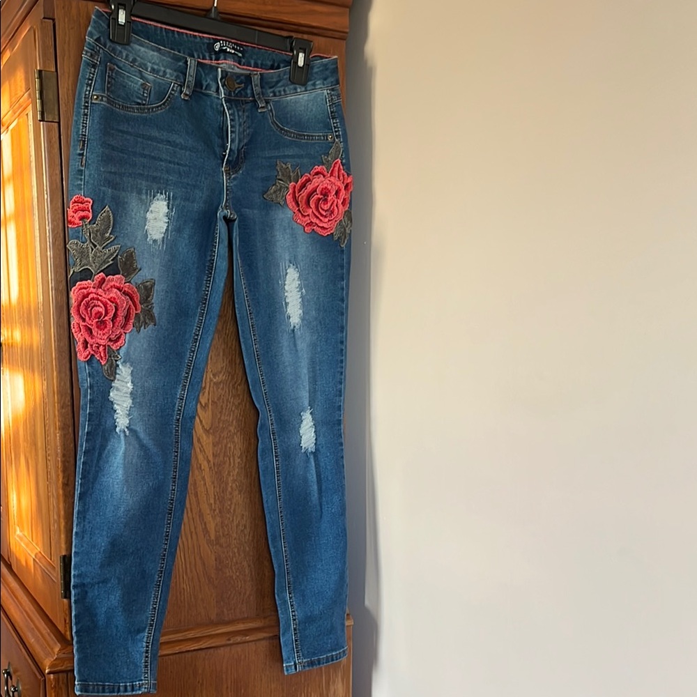 Women's Blue Jeans with Red Floral Embroidery
